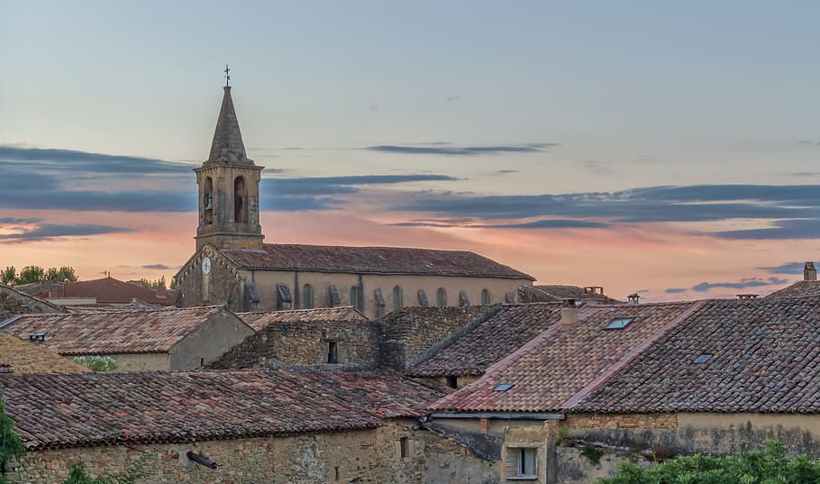 Church, Tower, Sunrise, Roof, church, tower, the roof of the, house, the sky, the clouds, blue