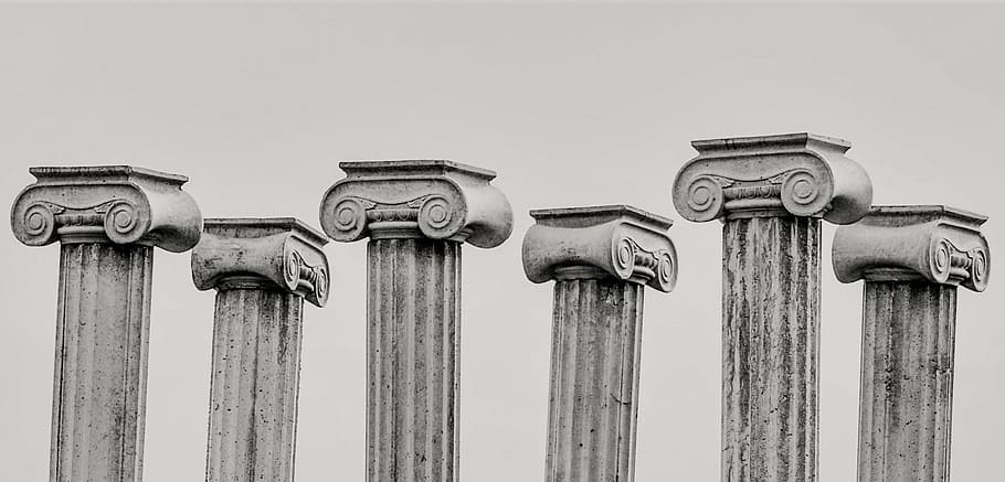 grayscale photo, pillars, pillar capitals, greek, architecture, column, ionic, elegance, classical, outdoors