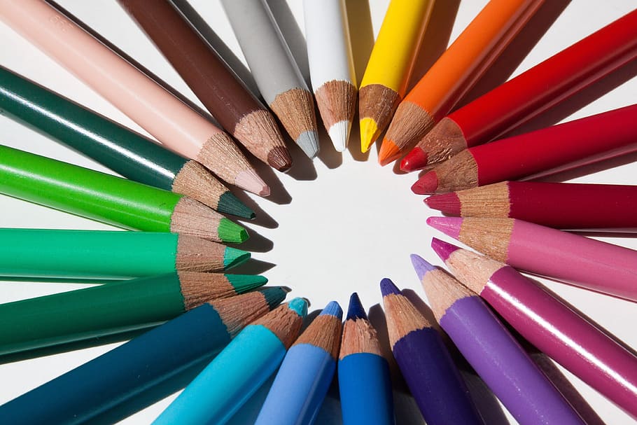 assorted-color pencil, white, surface, colored pencils, colour pencils, star, color circle, writing or drawing device, colorful, with coloured mines