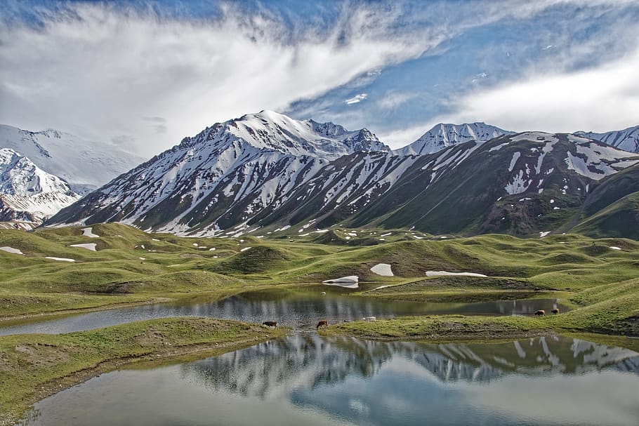 quirguistão, pamir, montanhas, altas montanhas, cadeia transalai, lago, água, paisagem da natureza, a rodovia pamir, área de fronteira