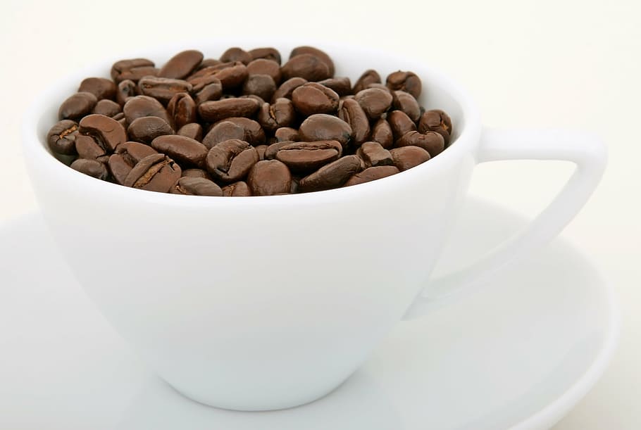 brown, coffee beans, white, ceramic, cup, aroma, background, beans, black, boost