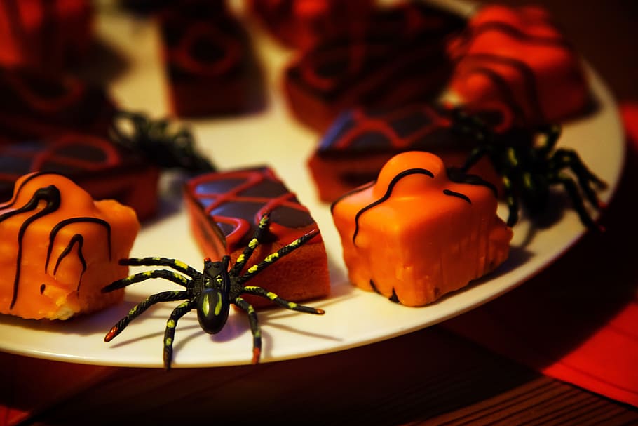black, spider, muffins, white, ceramic, plate, baked, cake, candy, cup