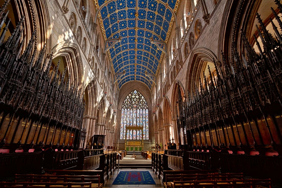 blue, carpet, inside, empty, cathedral, interior, architecture, building, infrastructure, bench