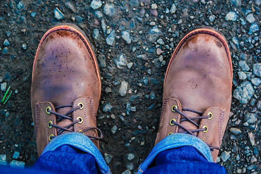 person, wearing, brown, leather shoes, boots, hipster, work, rocky, trail, jeans