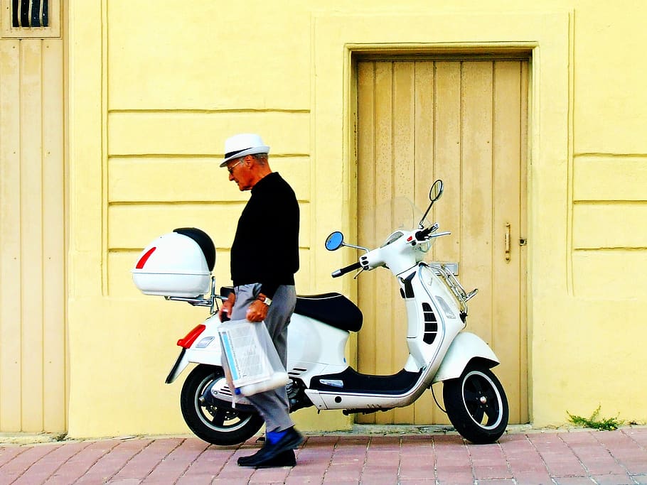 vespa, scooter, man, walking, motorcycle, transport, urban, vehicle, retro, transportation