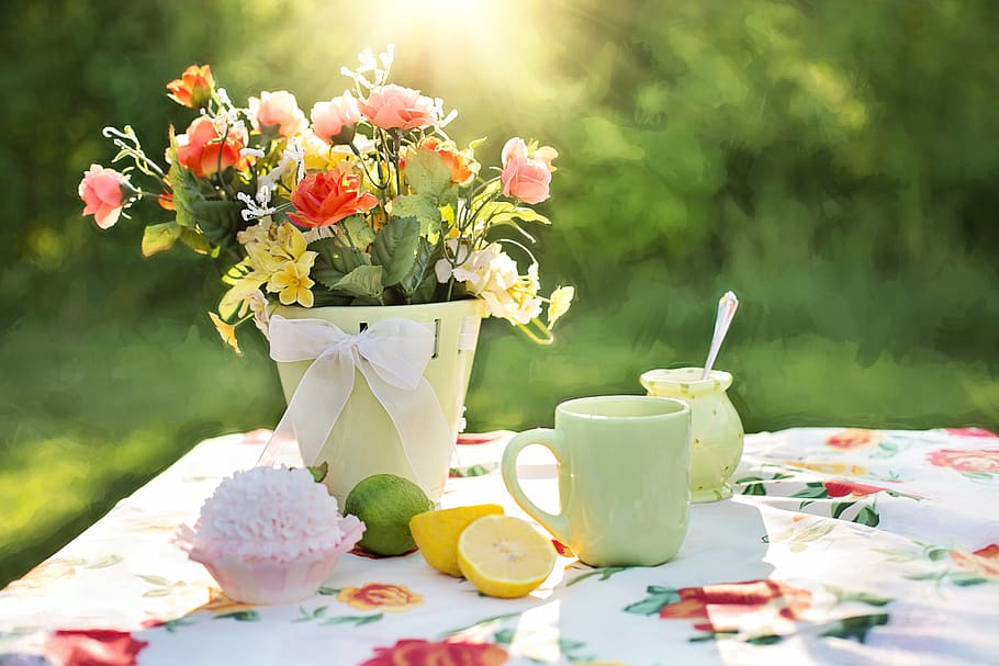green, mug, pink, petaled flowers, summer still-life, garden, outdoors, flowers in pot, summer patio, flower