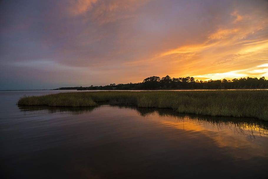 sunset, bayou, florida, marsh, sky, peaceful, landscape, dusk, reflection, outdoors