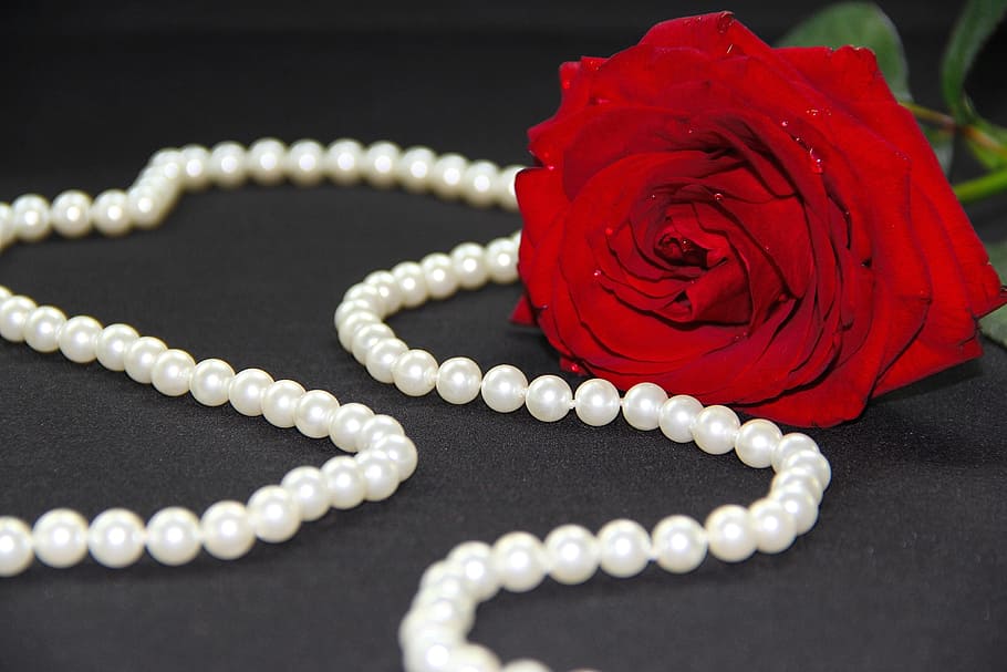 red, rose, beaded, necklace, flower, pearl, luxurious, jewelry, rich, decorate