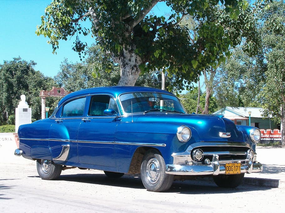sedan vintage biru, biru, vintage, sedan, kuba, havana, mobil, oldtimer, kuno, transportasi
