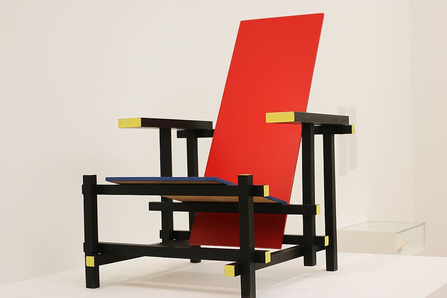 modern art, chair, stedjik, sm, bauhaus, architect, museum, art, red, empty