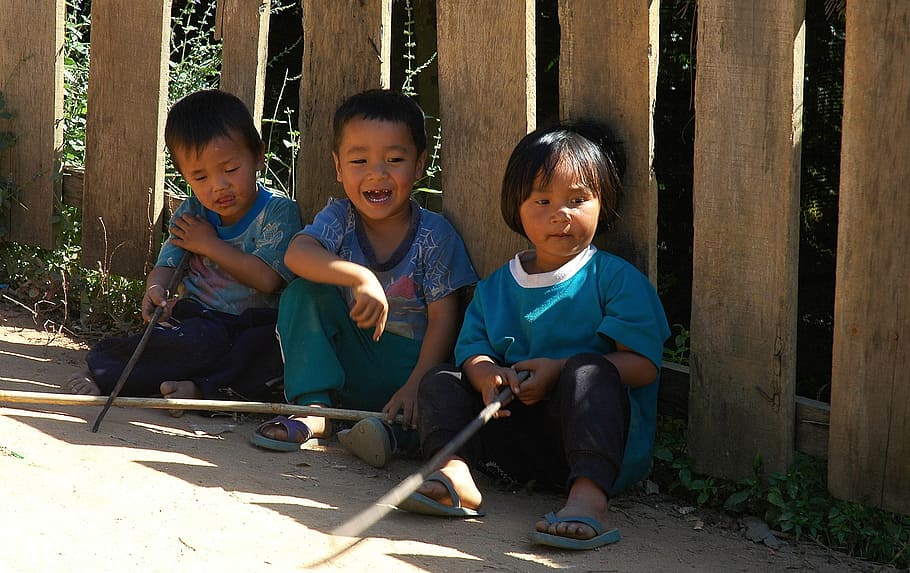 three, children, sitting, ground, daytime, boy, girl, play, on the road, thailand