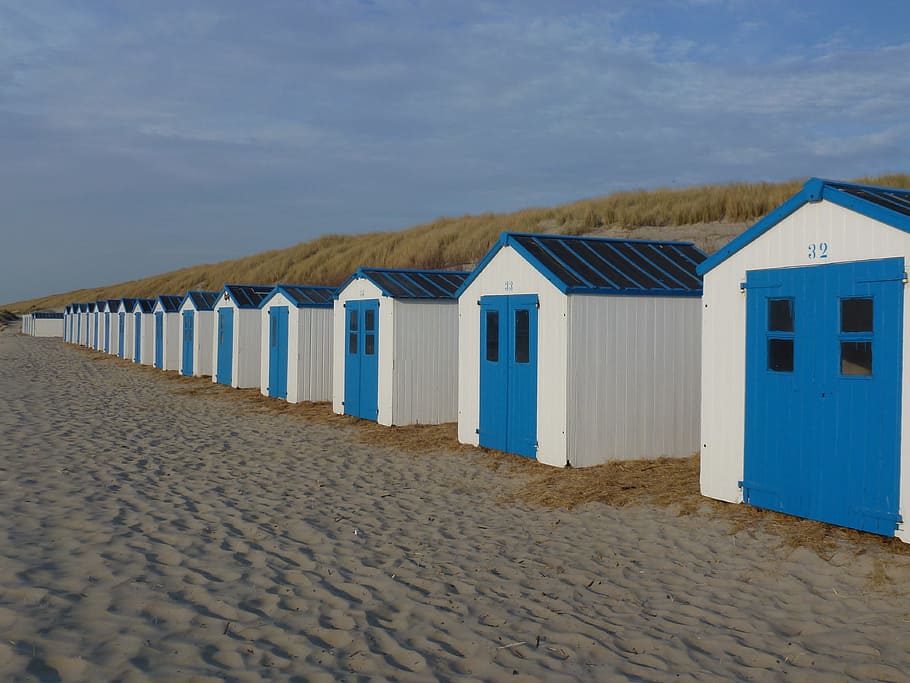 beach, beach houses, texel, sea, beach hut, coast, beach house, blue, hut, maritime