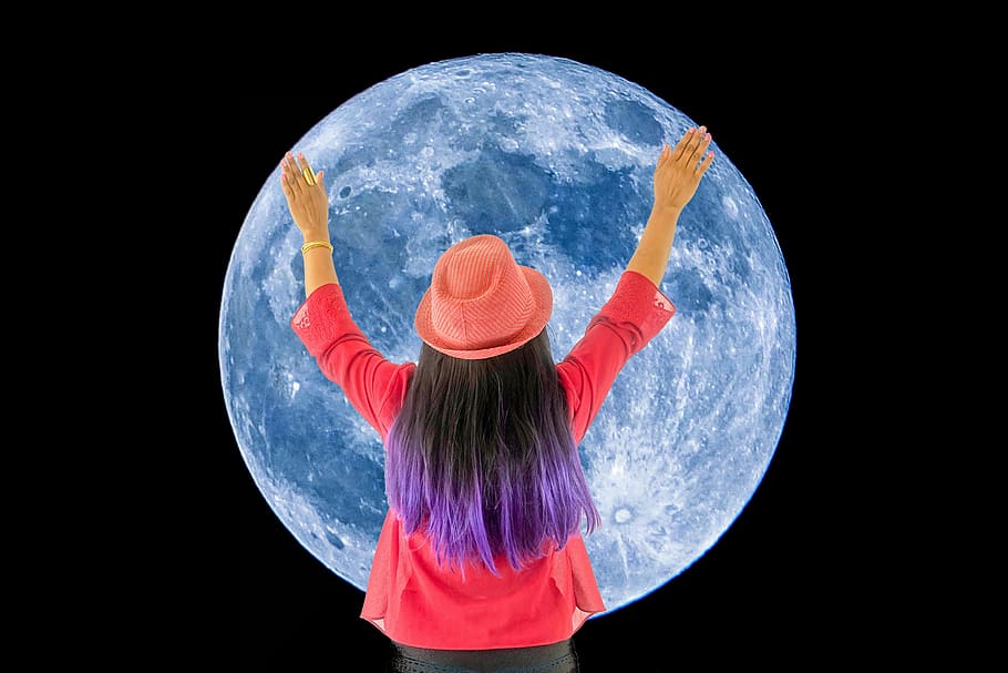 woman, holding, full, moon art, moon, space, abstract, universe, sky, night sky