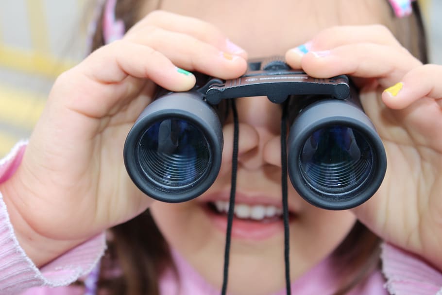 girl, binoculars, children, looking, watching, technology, photography themes, holding, people, human body part