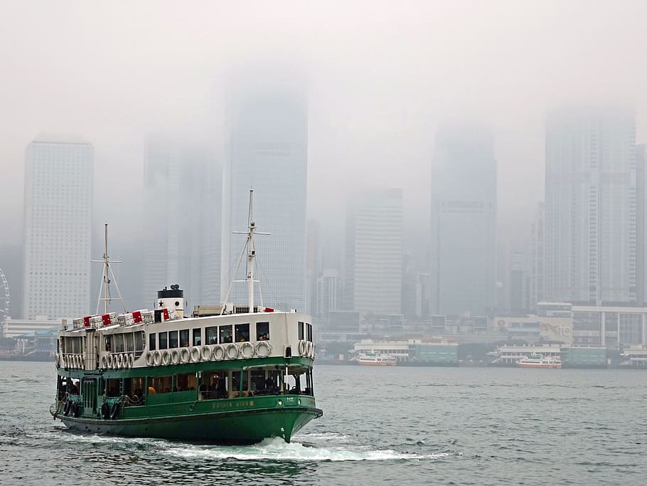 green, white, cruise ship, body, water, victoria harbour, ferry, waterfront, hongkong, skyscraper