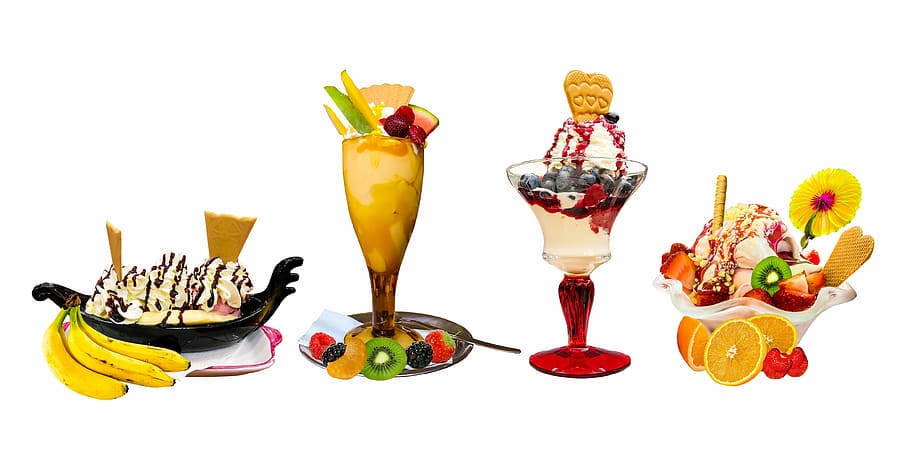 four pasties, eat, food, ice, ice cream sundae, background, fruit, fruits, berry, strawberry