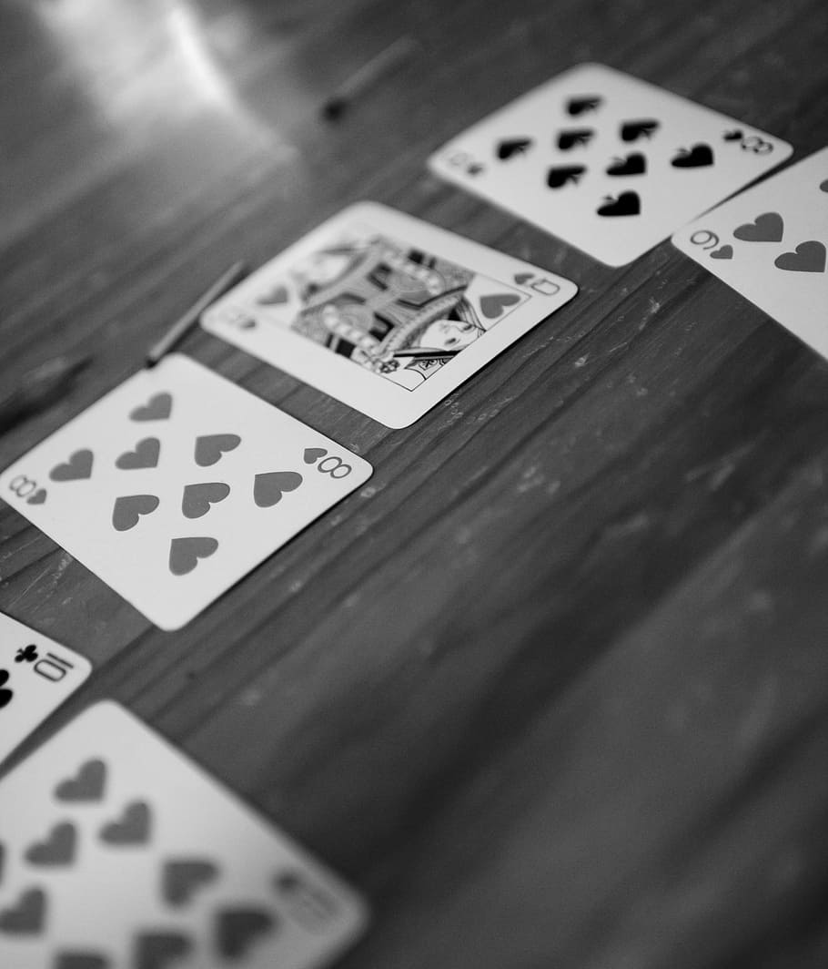 surtido de cartas, naipes, póker, juego, cartas, diversión, mesa, jugar, mano, corazón