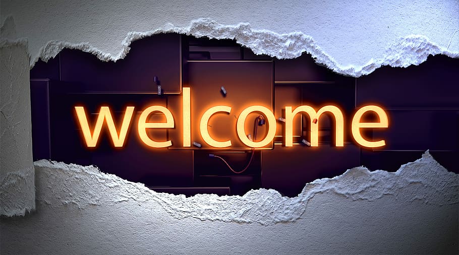 welcome led signage, welcome, lettering, typography, neon font, neon, paper, ad, illuminated, illuminated letters
