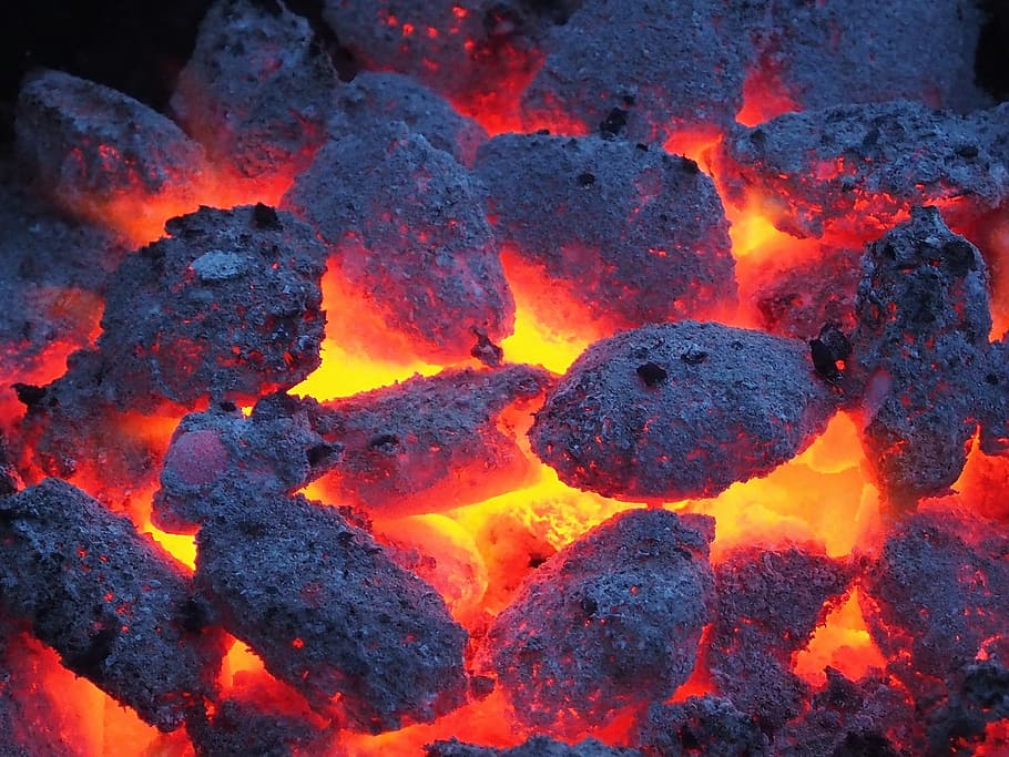 closeup, photography, burning, charcoal, barbecue, grill, embers, hot, fire, black