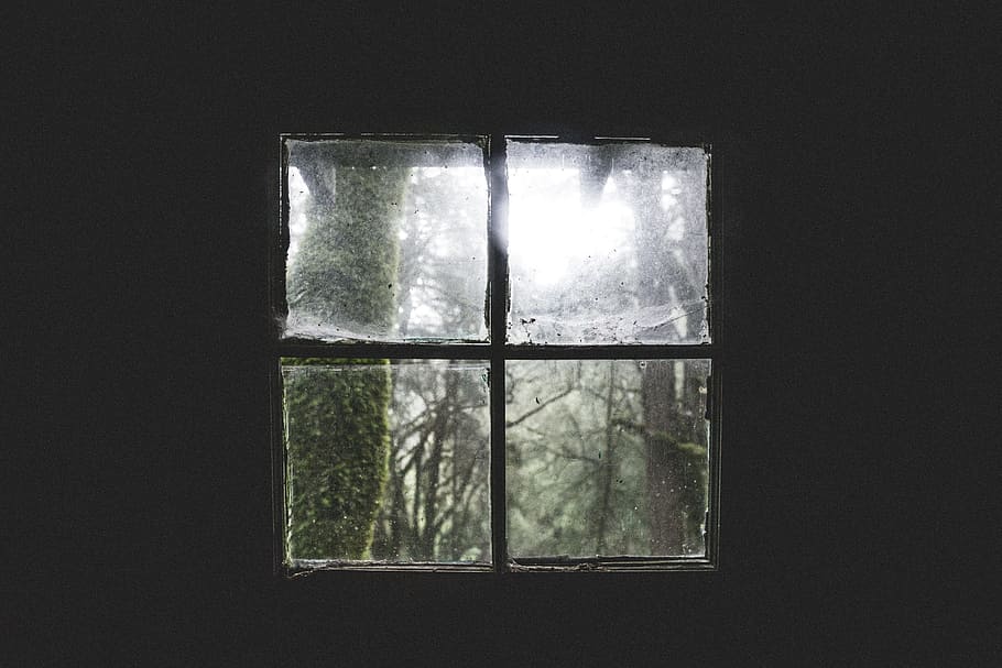 clear, glass window, black, steel frame, house, home, cabin, old, decrepit, window