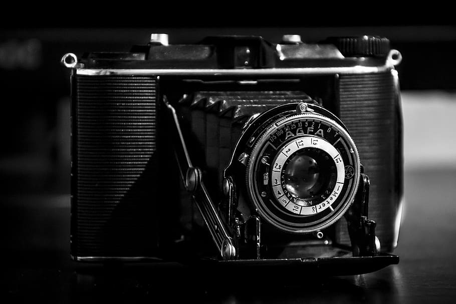 黒の折りたたみカメラ, カメラ, 写真カメラ, 古い, ヴィンテージ, 写真, レトロ, アンティーク, レトロな外観, 白黒