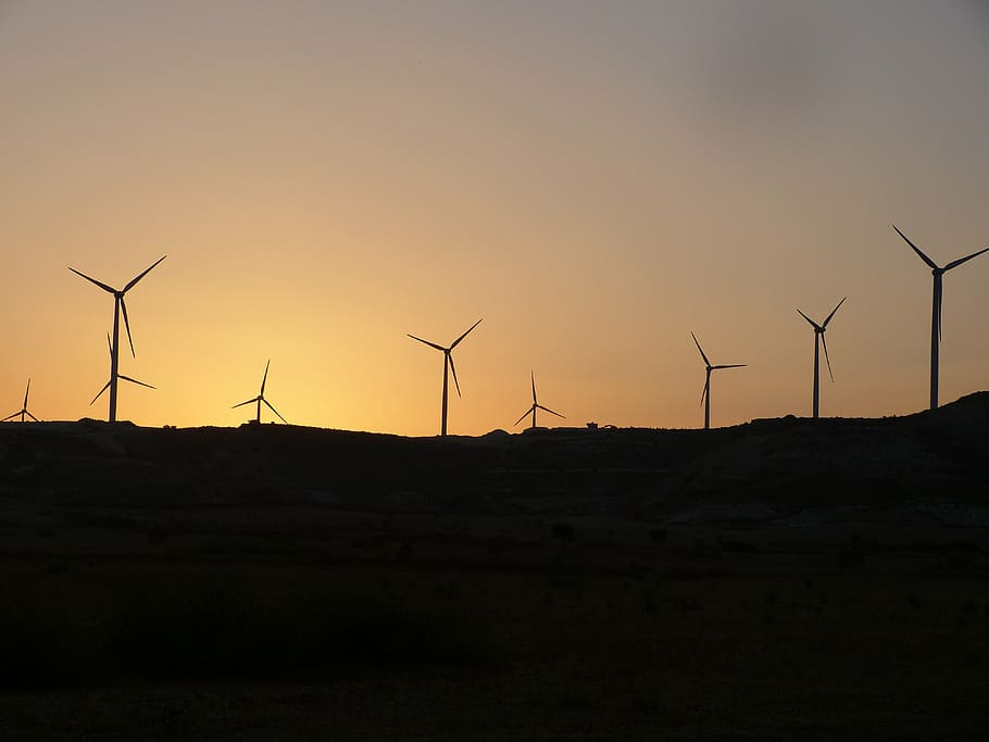 silueta, molinos de viento, dorado, hora, viento, energía, ahorrar energía, generadores eólicos, energía eólica, electricidad