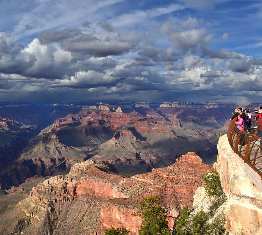 grand canyon, storm, clouds, landscape, scenic, wilderness, rock, outdoors, mather point, tourists
