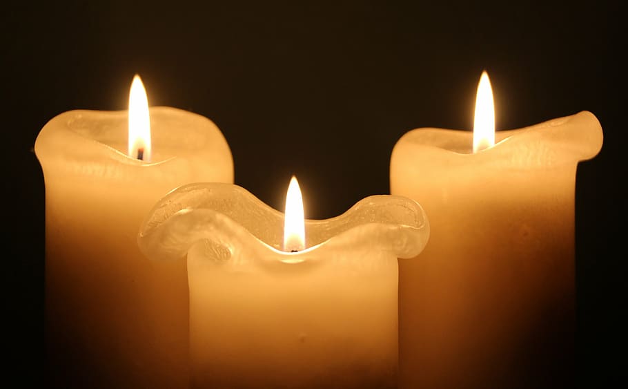 three, white, lighted, pillar candles, candles, light, flame, candlelight, atmospheric, candle