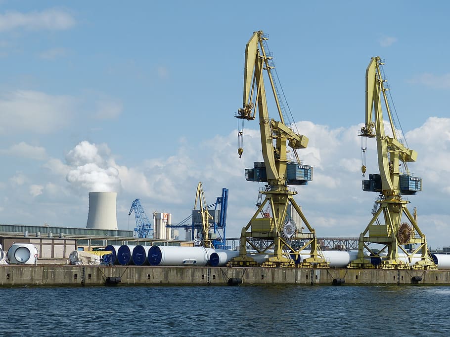 yellow heavy eaquipment, Harbour, Cranes, Port, Crane, harbour cranes, port, crane, raise, loads, cooling tower