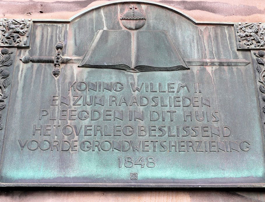 plaque, the hague, constitution, king william 2, text, communication, day, close-up, architecture, western script