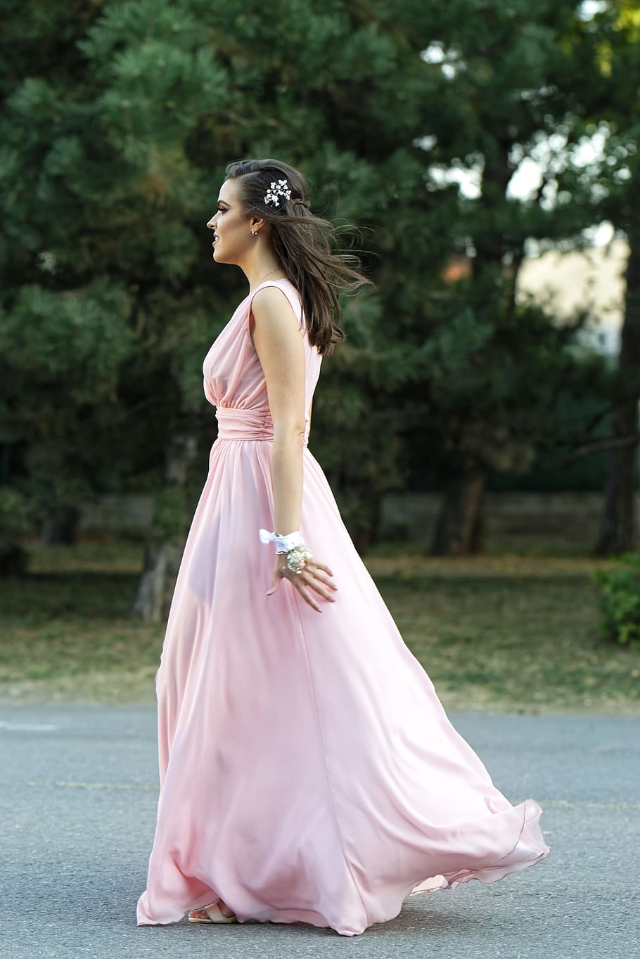 girl, woman, young, beautiful, long prom dress, pink, long hair, the maid of honor, event, marriage