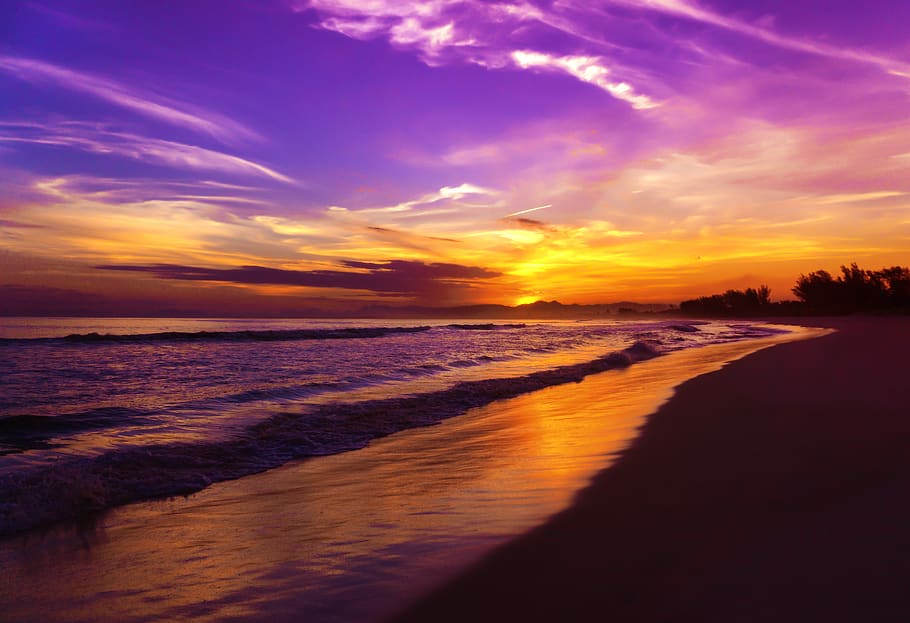 colorful, sunset, beach, ocean, sea, seaside, clouds, water, evening, dusk