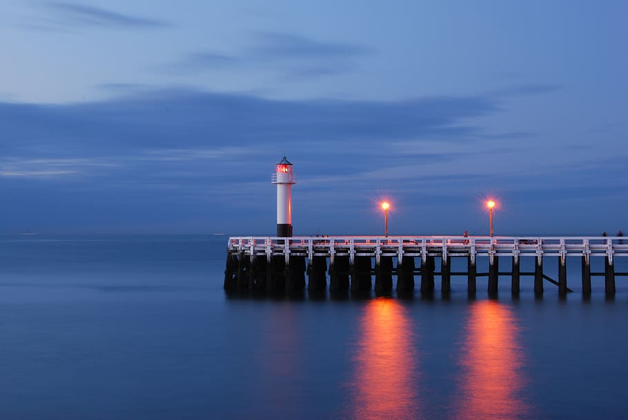 white, lighthouse, dock, sea, water, nieuwpoort, slow shutter speed, view, pier, air