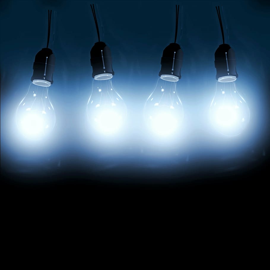 four, light bulbs, turned, light, pear, lamp, electric, think, current, energy