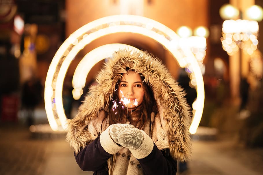 holiday, christmas, lights, people, woman, cold, weather, snow, fur, jacket