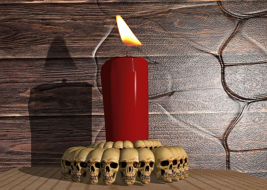 Candle, Skull And Crossbones, Wood, decoration, light, wick, wax, burn, fantasy, candlelight