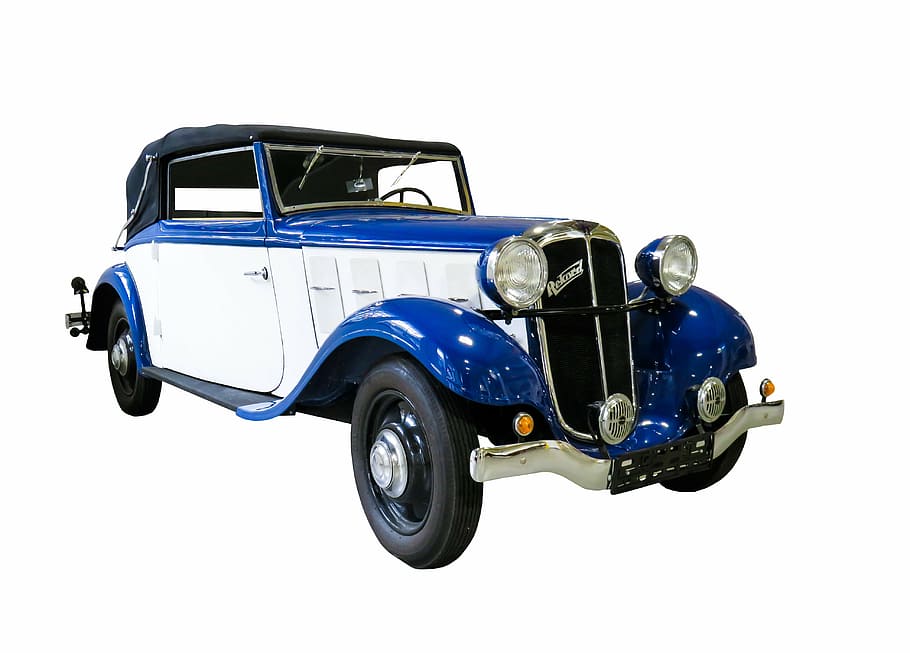vintage, white, blue, car, vehicle, traffic, oldtimer, hanomag, record built in 1934, automotive