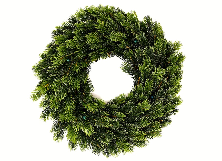 green wreath, fir wreath, holly, wreath, green, periwinkle, pine needles, branch, christmas, christmas time