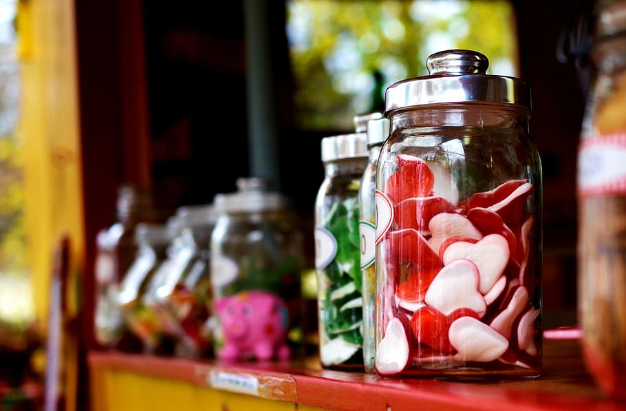 clear, glass jars, top, red, table surface, fruit jelly, candy, sweet, heart, candy-glass