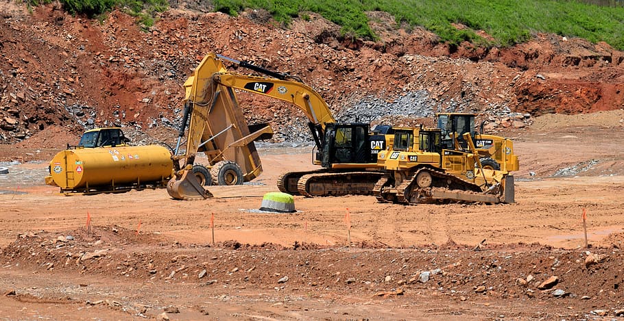 yellow, excavator, daytime, Construction Site, Georgia, Usa, landscape, dirt, red clay dirt, construction