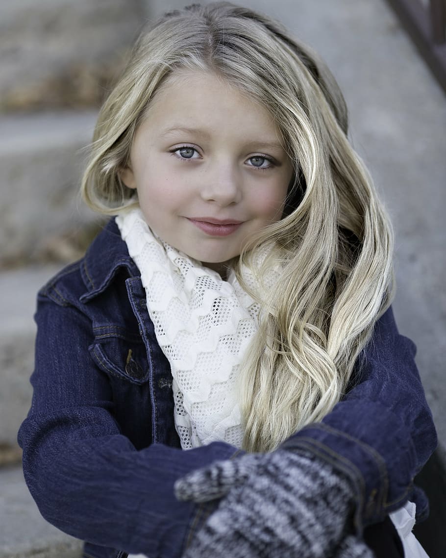 girl, wearing, blue, denim jacket, little girl, blond, winter, cold, child, cute