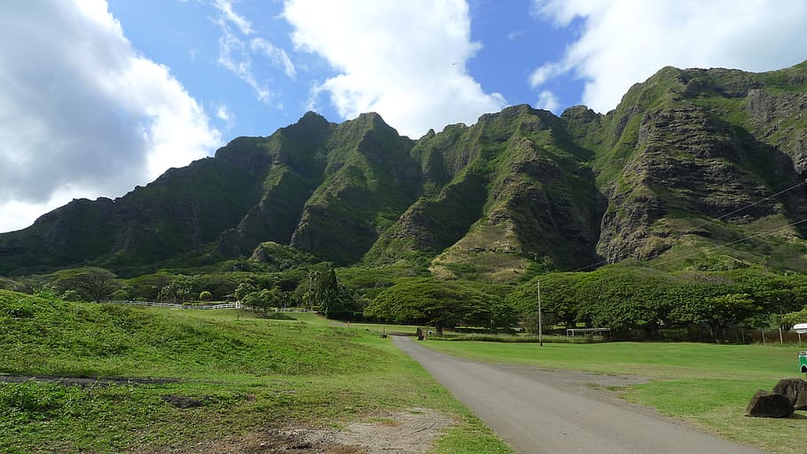 하와이, 풍경, 자연, 하늘, 구름-하늘, 식물, 도로, 녹색, 산, 경관-자연