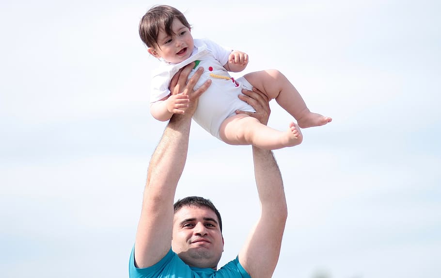 selective, focus photography, man, carrying, baby, dad, son, love, happiness, family