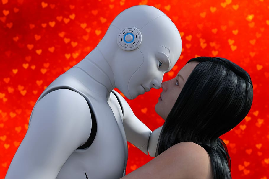 nariz de mujer, robot, mujer, beso, amante, niña, futurista, humano, romance, android