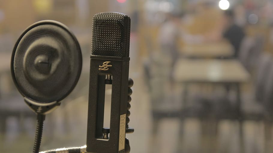 selective, focus photography, condenser microphone, filter, Sound System, Podcast, mike, recording studio, public broadcasting, focus on foreground