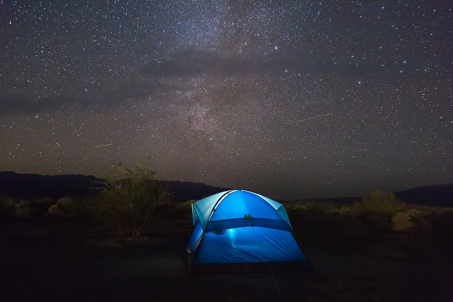 blue, pop-up tent, starry sky, travel, adventure, camp, tent, mountain, clouds, sky