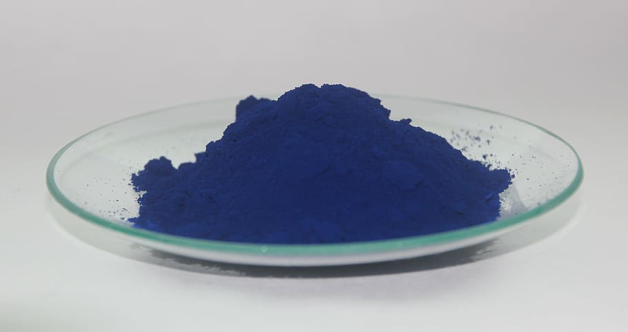 blue, powder, glass plate, indigo dye, pigment, color, bright, studio shot, indoors, food and drink