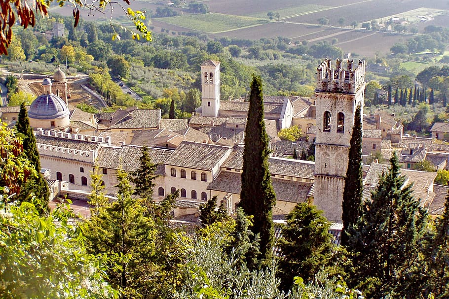 Asís, Torre, Gente, Edad Media, Torre del pueblo, Perugia, Umbría, Italia, piedra rosa, los franciscanos
