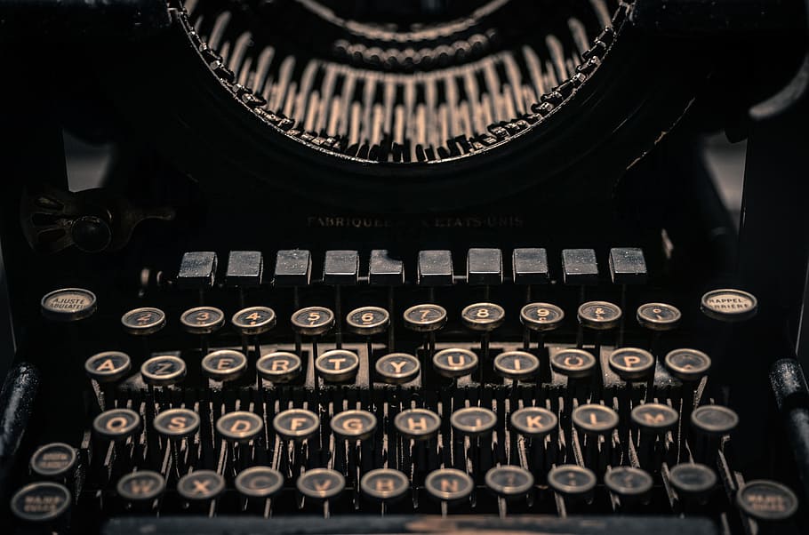 selectivo, foco, negro, gris, máquina de escribir, vintage, letras, retro, viejo, tipo