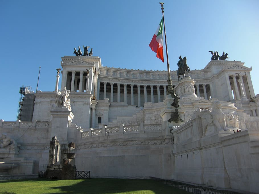 vittorio emanuele, rome, italy, national museum, roman, flag, patriotism, architecture, sky, built structure
